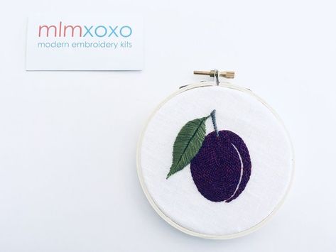 Create your own Plum hoop art with a hand-embroidery kit by mlmxoxo. Includes materials, instructions and guide Embroidered Fruit, Fruit Kitchen Decor, Embroidery Beginner, Diy Hand Embroidery, Modern Embroidery Kit, Fall River Ma, Fruit Kitchen, Learning To Embroider, Beginner Embroidery Kit