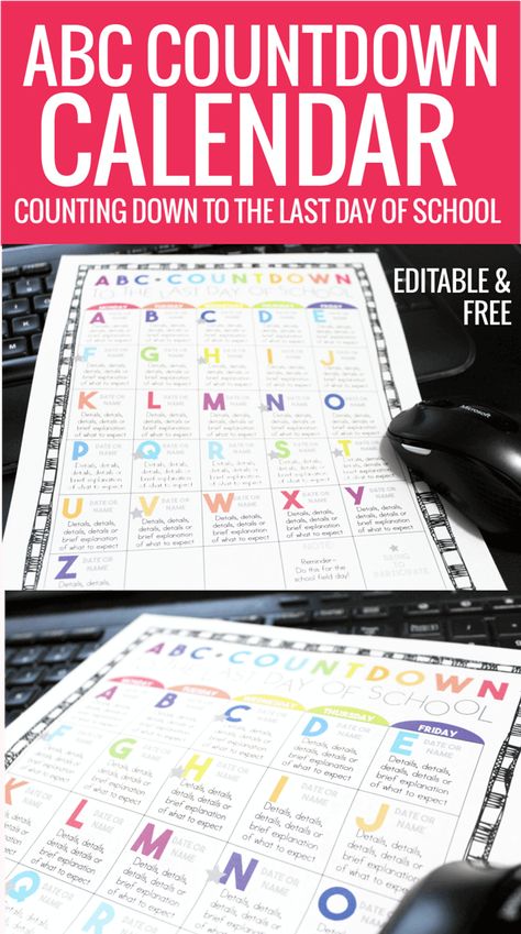 Free Editable ABC Countdown Calendar for Kindergarten, First grade and Second Grade Abc Countdown To Summer Preschool, Abc Countdown To Summer Kindergarten, Abc Countdown To Summer, Calendar Kindergarten, Teaching Alphabet, Abc Countdown, Kindergarten Calendar, Teaching Abcs, Countdown To Summer