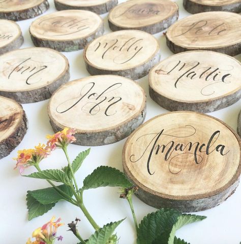 Calligraphy Inspiration: Cami Monet Wood Placecards Wedding, Wooden Name Cards Wedding, Calligraphy On Wood Slice, Wood Calligraphy, Wooden Name Wedding Place Cards, Wooden Wedding Name Places, Bright Wedding Colors, Calligraphy Inspiration, White Veil