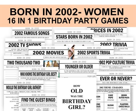 "THIS LISTING IS FOR A DIGITAL FILE. NO PHYSICAL ITEM WILL BE SHIPPED. Celebrate your birthday party or someone's birthday party with this printable birthday game set bundle especially made for anyone who is born in 2002. ♡---------- WHAT YOU WILL GET IN THIS BUNDLE----------♡ 8.5 X 11 PDF files TIP: Print these Games on a heavy card stock kraft paper for a rustic or vintage look. GAMES THAT YOU WILL RECEIVE: 1. PRICES IN 2002 2. 2002 FAMOUS SONGS 3. STARS BORN IN 2002 4. 2002 TRIVIA 5. 2002 TV Party Games For Women, 22nd Birthday Party, 2002 Birthday, 21st Birthday Party Games, 1st Birthday Party Games, Back In 2002, 21st Ideas, Famous Songs, 21st Birthday Party