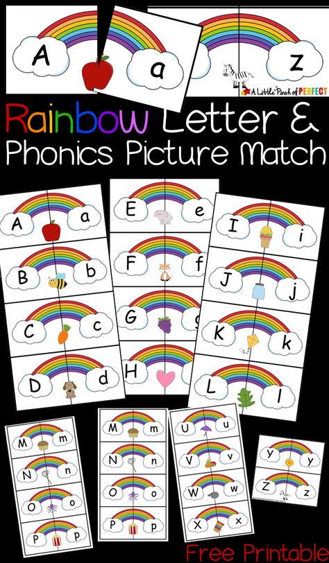 Rainbow Letter and Phonics Picture Match Free Printable: With an uppercase letter on the left, a lowercase letter on the right, and a matching phonics picture in the middle this free Rainbow Letter printable makes learning letters easy and fun. This activity is perfect for spring, St. Patrick's Day, or included within a weather unit. Phonics Puzzles, Rainbow Activities, Weather Theme, March Activities, Weather Unit, Preschool Colors, Abc Activities, Alphabet Matching, Lowercase Letter