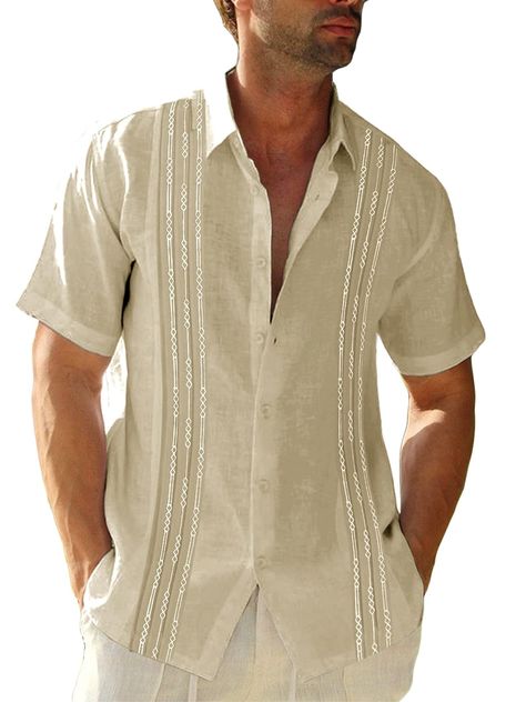 PRICES MAY VARY. 70% Cotton, 30% Flax Button closure Easy Fit – This mexican guayabera shirt is designed to have a loose, relaxed fit while still looking great. Linen cotton fabric keeps things light and breathable. Classic Design – Short sleeve, button down, v neck, spread collar, slim fit, lightweight, summer beach shirt. We stayed true to the traditional guayabera look with pleating down the front, embroidered detailing. THE MEXICAN GUAYABERA, AKA THE WEDDING SHIRT incorporates embroidery dow Cuban Wedding, Mens Casual Suits, Summer Shirts Men, Wedding Shirt, Mens Turtleneck, Guayabera Shirt, Turtleneck T Shirt, White Clothing, Rugged Men