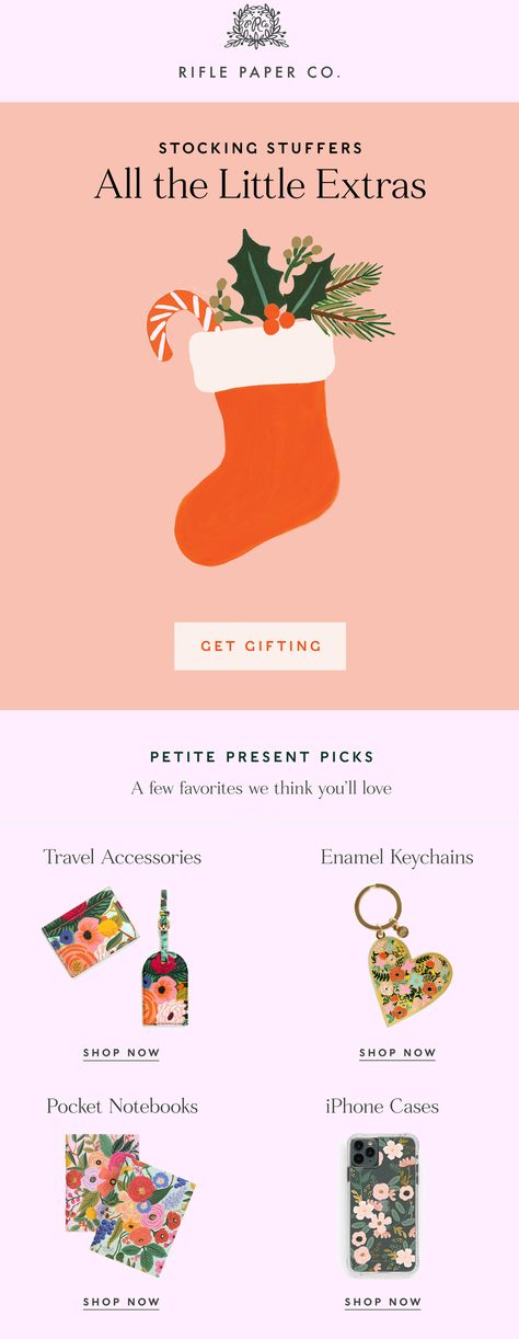 Rifle Paper Co. Holiday Stocking stuffer email #animation #digital #email #christmas Christmas Email Campaign, Holiday Gift Guide Email Design, Christmas Email Template, Gift Guide Email Design, Christmas Email Marketing, Christmas Email Design, Holiday Email Design, Winter Sale Design, Christmas Sale Email