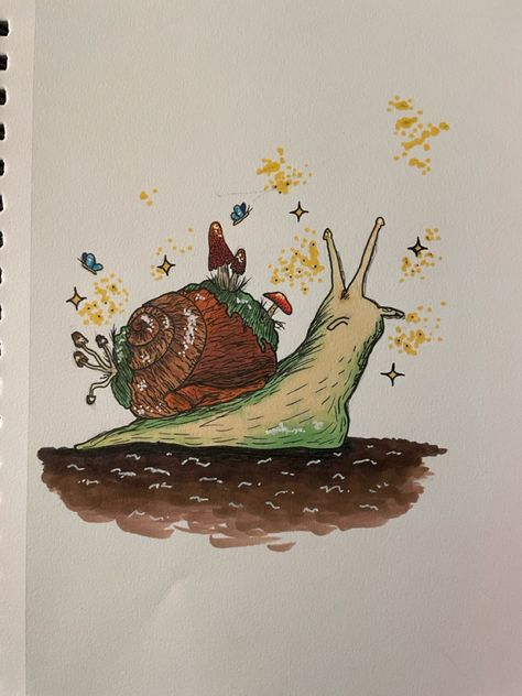 Quick snail and mushroom sketch finished eith pen and alcohol based markers Snail Mushroom Drawing, Easy Alcohol Marker Art Simple, Alcohol Based Markers Art Ideas, Marker Sketches Simple, Drawing Ideas Alcohol Markers, Things To Draw With Alcohol Markers, Alcohol Based Markers Art, Mushrooms Doodle, Snail Sketch