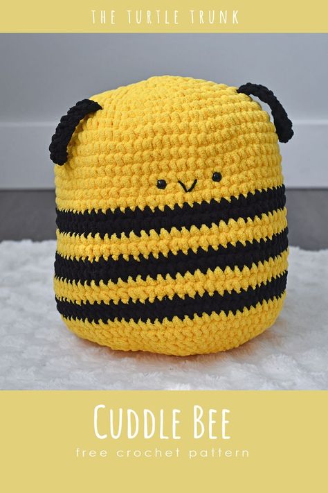 Pinterest pin for the cuddle bee crochet pattern by The Turtle Trunk Giant Bee Crochet Pattern, Crochet Bumble Bee Pattern, Crochet Bee Pattern, Bee Crochet Pattern, Giant Crochet, Bee Pillow, Yarn Animals, Bee Crochet, Bee Free