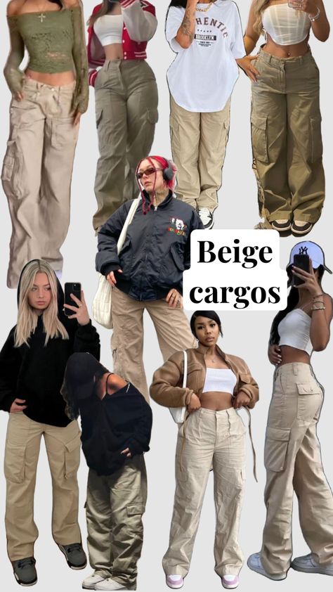 Cargo Outfits Women, Cargo Pants Outfit Street Style, Beige Cargos, Beige Pants Outfit, Green Cargo Pants Outfit, Parachute Pants Outfit, Khaki Pants Outfit, Beige Hose, Khakis Outfit