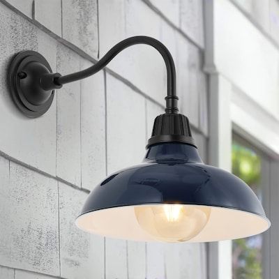 JONATHAN Y Aurora Iron Gooseneck Arm Industrial Farmhouse 1-Light 16.5-in H Satin Blue LED Outdoor Wall Light in the Outdoor Wall Lights department at Lowes.com Exterior Barn Lights, Farmhouse Wall Lighting, Outdoor Light Bulbs, Shiplap Walls, Farmhouse Designs, Farmhouse Industrial, Metal Wall Light, A Globe, Led Outdoor Wall Lights