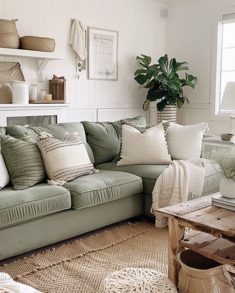 Rustic Living Room Inspo: Warm and Inviting Decor Sage And Tan Living Room, Sage Farmhouse Living Room, Sage Green Farmhouse Living Room, Sage Green Couch Living Room, Sage Couch, Living Room With Green Accents, Sage Green Couch, Sage Green Home Decor, Sage Green Living Room Ideas