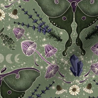 Green Magic Moths & Mushrooms Fabric | Spoonflower Green And Purple Bedroom, Moon Mushroom, Moon Fabric, Mushroom Crystal, Lavender Wall, Night Magic, Purple Sage, Green Moon, Green Magic