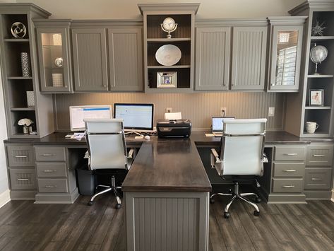 Standing Desk With Built Ins, His Her Office Space, Office Ideas For 2 People, Shared Home Office Space, 12x12 Office Layout, Two Desks In One Office, Husband And Wife Office Space Home, Home Office Built Ins With Desk For Two, Office Remodel Home