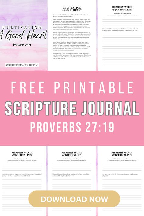 Celebrate the beauty of a good heart with this FREE Printable Proverbs 27:19 Scripture Journal. Reflect on the importance of nurturing kindness and goodness within yourself with this inspiring journal. #ScriptureJournal #GoodHeart #Proverbs27 #FreePrintable Proverbs Study, Proverbs 27 19, Actions Words, Clear Pond, Leadership Examples, Soap Bible Study, Healing Verses, Scripture Journal, Proverbs 27