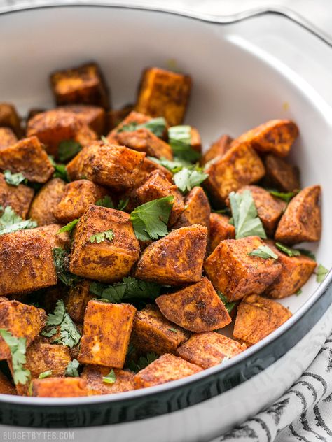 Spicy, aromatic, and earthy, these Moroccan Spiced Sweet Potatoes will add an adventurous flavor to any dinner! BudgetBytes.com Spiced Sweet Potatoes, Homemade Falafel, Moroccan Cooking, Potatoes Recipes, Budget Bytes, Dinner With Ground Beef, Moroccan Food, Herbs And Spices, Vegetarian Recipes Easy