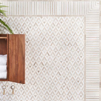 Marble Porcelain Mosaic Tile Shower Floor, Reeded Tile, Cream Backsplash, Cabana Bathroom, Modern Beige Bathroom, Fun Tile, Mom Bathroom, Marble Bathroom Floor, Tile Border