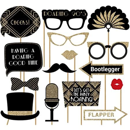 Fully Assembled Roaring 20s Photo Booth Props - Set of 30 - Black & Gold Selfie Signs - Great Gatsby Themed Party Supplies & Decorations - Cute Vintage Designs & Real Glitter - Did we Mention no DIY? Roaring 20s Photo Booth, 20s Photo Booth, Roaring 20s Party Decorations, 20s Party Decorations, 1920 Party, Great Gatsby Prom, Gatsby Party Decorations, Great Gatsby Themed Party, Great Gatsby Theme