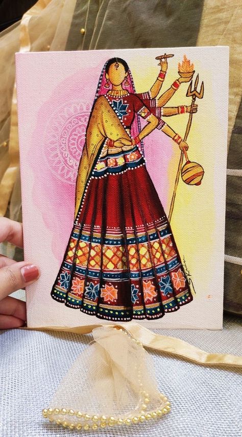 Madhubani Art Aesthetic, Navratri Drawing Painting, Navratri Special Painting, Navratri Canvas Painting, Maa Durga Canvas Painting, Drawing For Navratri, Navratri Art And Craft, Indian Aesthetic Painting, Abstract Painting Of God