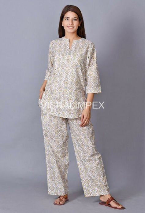 Cotton Night Suits For Women, Night Suits Pajama Set, Night Suit For Women, Cotton Night Dress, Trendy Outfits Indian, Cold Shoulder Tops, Loose Clothing, Simple Kurta Designs, Pajama Suit