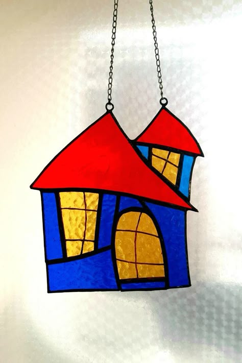 Stained Glass Suncatchers , window hangings, plant ornaments. Stained Glass Houses, Stained Glass House, Led Light Projects, Lead Light, Spectrum Glass, Glass Houses, Stained Glass Ornaments, Stained Glass Window Hanging, Glass Bottle Crafts