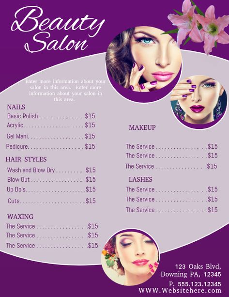 Mini Salon Ideas, Hair Salon Price List, Hair Salon Prices, Nail Salon Prices, Beauty Salon Marketing, Beauty Template, Wash And Blow Dry, Beauty Salon Posters, Price List Design