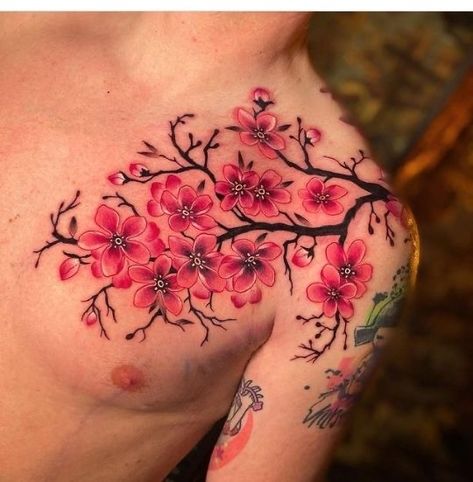 Cherry Blossoms Tattoos Men, One Side Body Tattoo, Cherry Blossom Flower Tattoo Design, Altimerzers Tattoos, Men’s Cherry Blossom Tattoo, Cherry Blossom Tree Tattoo Men, Japanese Style Cherry Blossom Tattoo, Cherry Blossom Leg Tattoo Men, Cherry Blossom Chest Tattoo Men