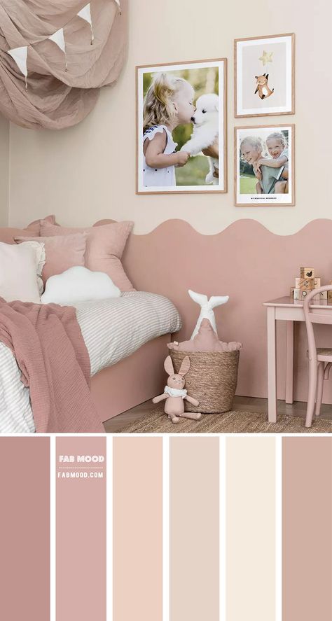 Dusty Pink Colour Scheme for Girl Bedroom Rose Pink Girls Bedroom, Plush Pink Bedroom Ideas, Pink Brown Bedroom Ideas, Pink Colour Bedroom Ideas, Bedroom Paint Light Colors, Baby Girl Nursery Dusty Pink, Room Color Themes Bedroom Ideas, Pink Green And Beige Bedroom, Bedroom Colour Design Paint Colors