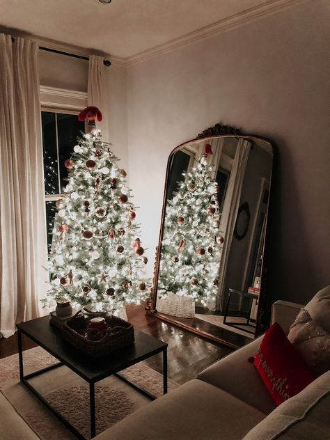 Mirror By Christmas Tree, Christmas Tree And Mirror, Living Room Christmas Tree, Room Christmas Tree, Holiday Living Room, Pearl Garland, Living Room Christmas, Huge Mirror, Prelit Tree