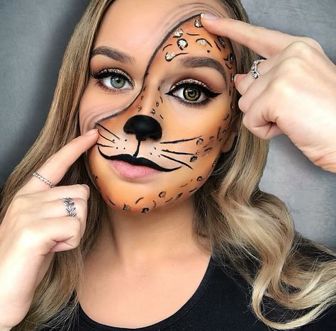 Leopard makeup Leopard Makeup Halloween, Halloween Makeup Artist, Halloween Makeup Clown, Leopard Halloween, Scarecrow Makeup, Leopard Makeup, Halloween Make-up Looks, Holloween Makeup, Amazing Halloween Costumes