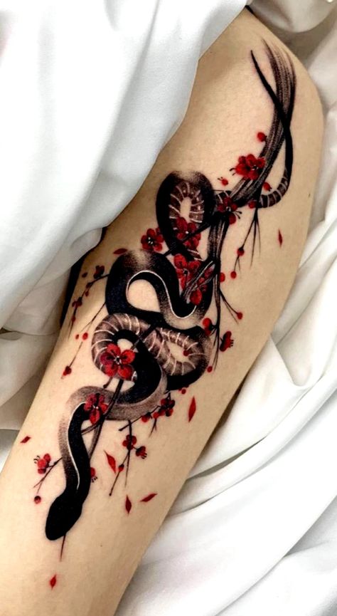 Forearm Cover Up Tattoos, Japanese Snake Tattoo, Cover Up Tattoos For Women, Back Piece Tattoo, Stylish Tattoo, Skeleton Hand Tattoo, Latest Tattoos, Tatuaje A Color, Blossom Tattoo