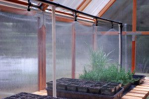 PVC stand supports water mister system over greenhouse bench. Greenhouse Irrigation, Greenhouse Benches, Beautiful Greenhouse, Greenhouse Panels, Greenhouse Design, Misting System, Plant Watering System, Greenhouse Supplies, Water Mister