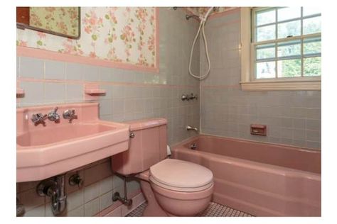 Eight easy updates for an old bathroom (that don’t require a reno) Pink Tile Bathroom, Pink Bathtub, Pink Bathroom Tiles, Retro Pink Bathroom, Pink Tub, Vintage Pink Bathroom, Pink Toilet, Pink Tile, Old Bathrooms