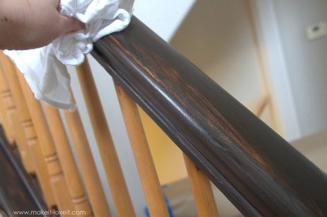 Sanding Stairs, Wood Stair Railings, Painted Stair Railings, Banister Remodel, Paint Stained Wood, Wood Banister, Oak Banister, Wood Railings For Stairs, Stairs Diy