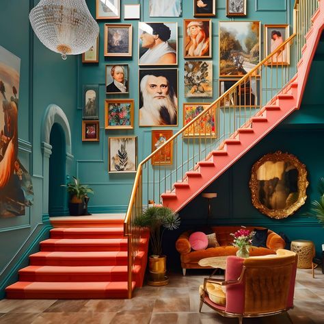 Maximalist House, Art Deco Entrance, Stairway Gallery Wall, Maximalist Aesthetic, Stairway Decorating, Colourful Living Room Decor, Maximalist Interior, Turquoise Decor, Stairway Design