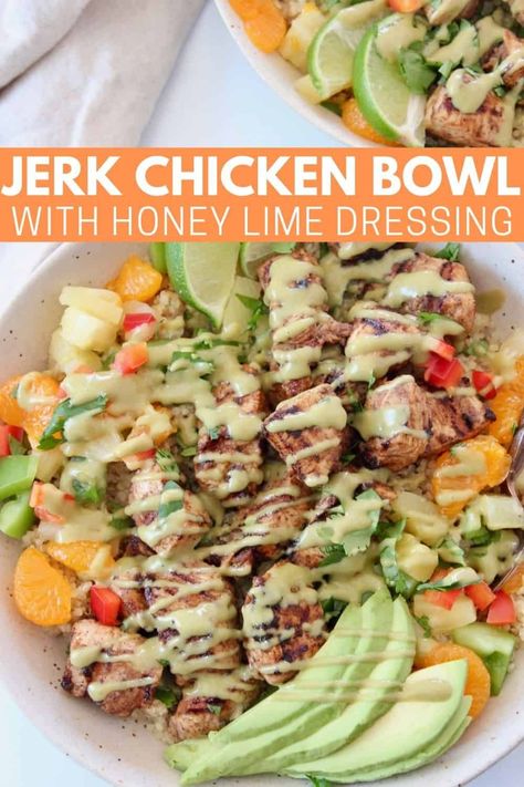 Low Calorie Chicken Bowls, Jerk Chicken Bowl, Chicken Bowls Healthy, Tropical Bowl, Jerk Marinade, Jerk Chicken Recipe, Chicken Bowl Recipe, Honey Lime Dressing, Quinoa Bowls