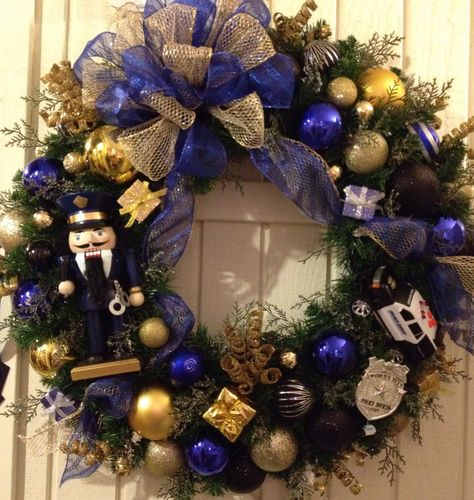 Custom Order Police Wreath by Randi Sheldon at Michaels 1600 Police Wreath, Police Crafts, Police Christmas, Police Appreciation, Southern Charms, Fundraising Gala, Deco Wreaths, Police Wife, Thanksgiving Wreath