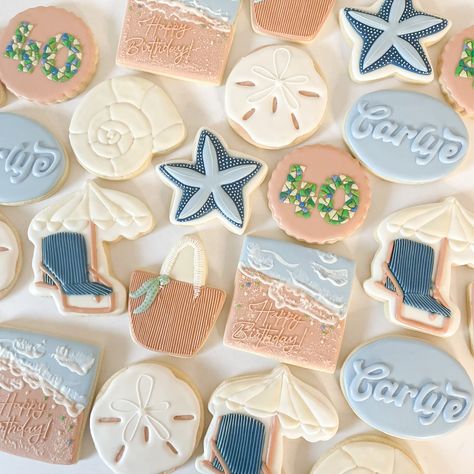 "Celebrate a birthday with these beach inspired cookies!  🍪 Cookie Size: 3-4\" cookies 🍪 Cookie Quantity: 12 cookies (per 1 order quantity)  🍪 Each cookie is made with love by our bakers, please understand there may be slight variations to each cookie due to the handmade nature of our sweets. View all Adult Birthday cookie options on our website here: https://www.rollinindoughfl.com/birthday-adults Please find a list of all ingredients for cookie flavors here: https://www.rollinindoughfl.com/ Pirate Cookies Easy, Beach Theme Sugar Cookies, Beach Birthday Cookies, Last Toast On The Coast Cookies, Beach Cookies Decorated, Bach Cookies, Beach Sugar Cookies, Hawaiian Birthday Cakes, Custom Sugar Cookies