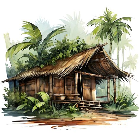 Download this Premium Photo about Watercolor Cottage of Bamboo Hut Woven Palm Leaf Decorations Earthy Greens and Bro Art 2D Vector, and discover more than 1 Million Professional Stock Photos on Freepik Bahay Kubo Design Philippines, Bahay Kubo Design, Jungle Hut, Bappa Decoration, Bamboo Hut, Bamboo Drawing, Watercolor Cottage, Earthy Greens, Hut House