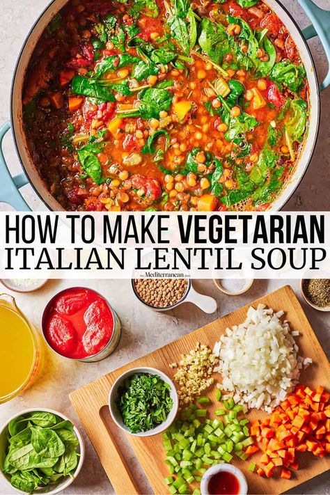 Italian lentil soup recipe with parmesan, parsley, and spinach. This hearty and healthy vegetarian soup freezes well. Upf Recipes, Healthy Vegetarian Soup, Italian Lentil Soup Recipe, Italian Lentil Soup, Spinach Lentil Soup, Healthy Soup Vegetarian, Soup Dishes, Vegan Mediterranean, Lentil Soup Recipe