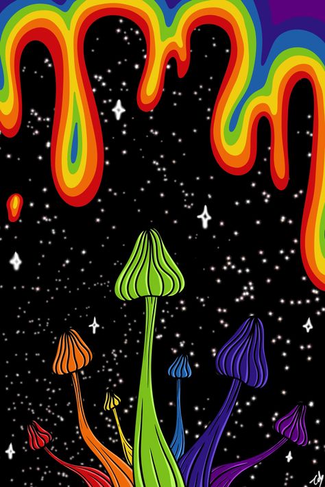 Psyche Art, Trippy Wall Mural, Trippy Mushroom Painting, Mushroom Aesthetic Art Trippy, Shroom Art, Trippy Rainbow, Trippy Mushroom, Mushroom Painting, Black Journal