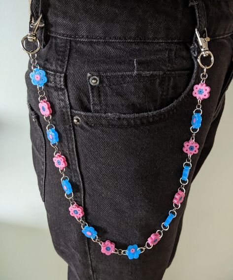 Perler Bead Chain, Kidcore Style, Belt Tutorial, Large Key Rings, Ironing Beads, Jeans Chain, Iron Beads, Beaded Belt, Fuse Beads