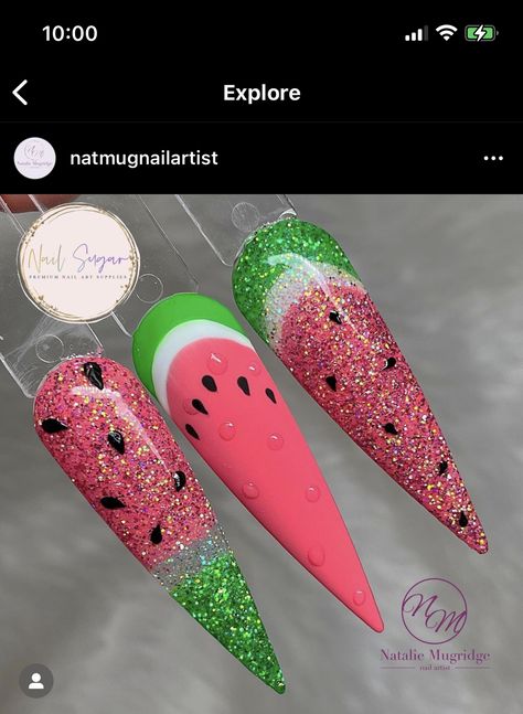 Glitter Watermelon Nails, Watermelon Nails Acrylic, Mommy And Me Nails, Spiral Nails, Watermelon Nail Designs, Lime Nails, Watermelon Nail Art, Food Nails, Watermelon Nails