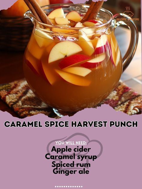 🍹🍬 Caramel Spice Harvest Punch – A sweet and spicy punch perfect for autumn festivities. Easy to make and oh-so-delicious! 🍂✨ #HarvestPunch #CaramelSpice Caramel Spice Harvest Punch Ingredients: Apple cider (3 cups) Caramel syrup (1/4 cup) Spiced rum (1/2 cup) Ginger ale (2 cups) Cinnamon sticks (2) Apple slices (1) Ice (as needed) Instructions: In a large pitcher, combine apple cider, caramel syrup, and spiced rum. Stir in cinnamon sticks and apple slices. Chill, then top with ginger ale... Apple Cider Rum Punch, Harvest Punch, Cider Caramel, Apple Cider Caramel, Apple Cider Punch, Drinks Ideas, Apple Cider Caramels, Caramel Syrup, Rum Punch