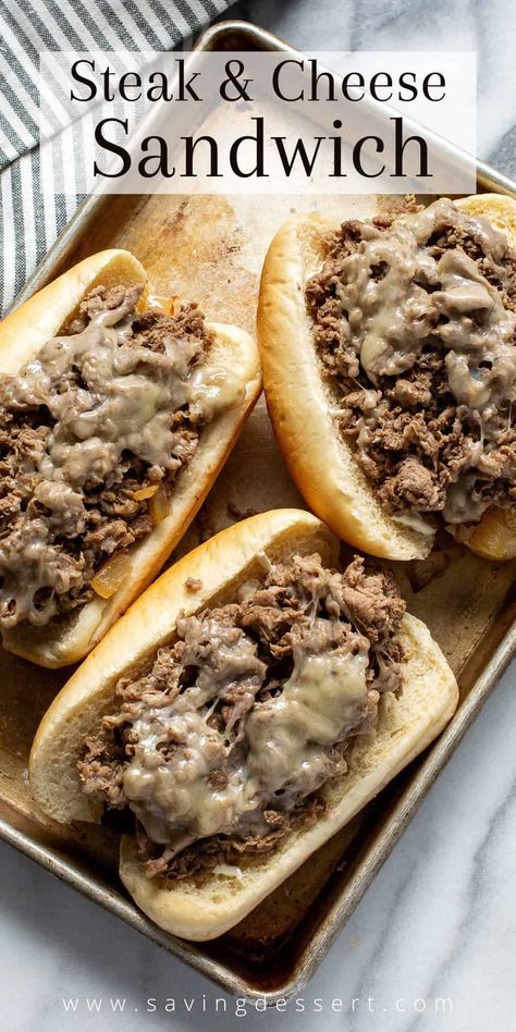 Make a copycat Philly Cheesesteak at home with our easy Steak Sandwich Recipe loaded with gooey cheese and caramelized onions. #phillycheesesteak #steaksandwich #cheesesteak #easycheesesteak #steaksandwichrecipe Philly Cheese Steak Sandwich Recipe, Steak And Cheese Sub, Velveeta Cheese Sauce, Steak Sandwich Recipe, Cheesesteak Sandwiches, Philly Cheese Steak Sandwich, Steak Sandwich Recipes, Cheesesteak Recipe, Chewy Bread