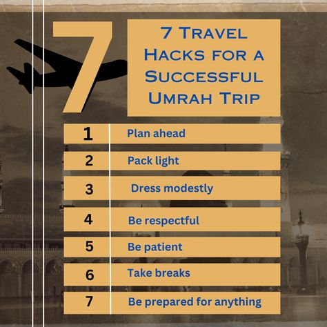 These 7 travel hacks are the most important to consider when it comes to Umrah travel. Plan ahead Pack light Dress modestly Be respectful Be patient Take breaks Be prepared for anything Umrah Travel, Pack Light, Travel Plan, Unique Experiences, Light Dress, Planning Ahead, Travel Hacks, Packing Light, Modest Dresses