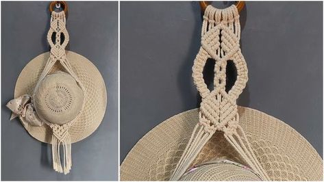 Diy Hat Hanger, Jute Wall Art, Macrame Hat Hanger, Macrame Hat, Pola Macrame, Macrame Feathers, Macrame Plant Hanger Patterns, Macrame Home Decor, Macrame Knots Tutorial