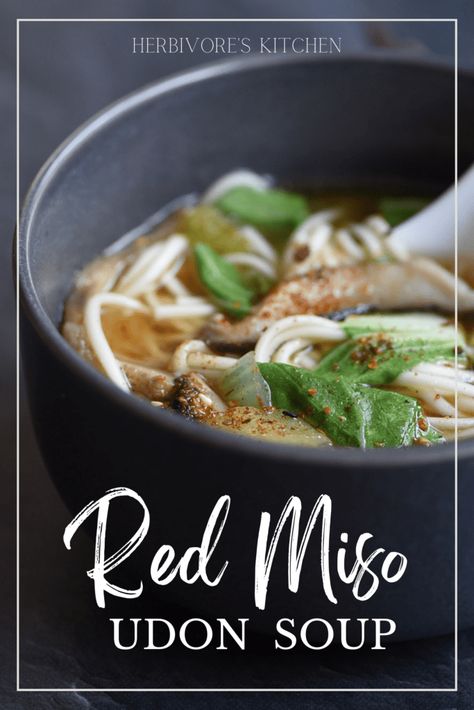 Red Miso Soup Recipe, Red Miso Ramen, Red Miso Soup, Red Miso Recipes, Miso Udon Soup, Veggie Udon, Vegan Udon Noodles, Vegan Udon, Miso Udon