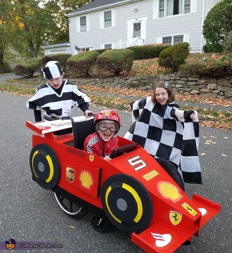 Sebastian Vettel in his Ferrari F1 Car Costume - Halloween Costume Contest Race Car Family Halloween Costume, Diy Race Car Costume, Wagon Halloween Costumes, Race Car Costume, Stroller Costume, Cars Halloween Costume, Ferrari F1 Car, Nascar Costume, Wheelchair Costumes