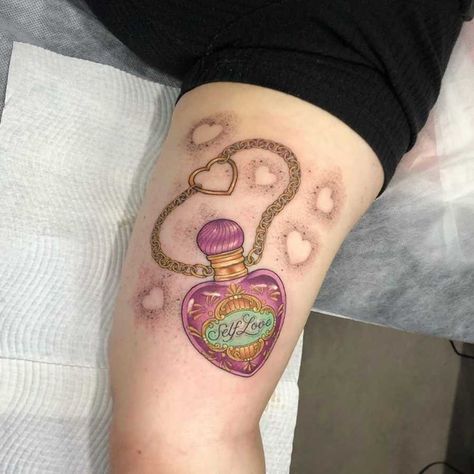 Potion Heart Tattoo, Self Love Potion Tattoo, Love Potion Tattoo, American Classic Tattoo, Potion Tattoo, Love Tattoo Ideas, Self-love Tattoo Ideas, Saint Tattoo, Love Yourself Tattoo