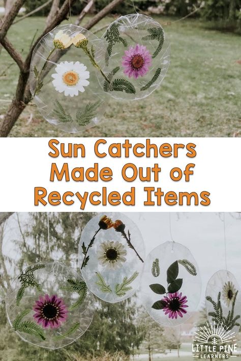 Nature Sun Catchers Made With Recycled Items • Little Pine Learners Recycled Sun Catcher, Nature Corner Preschool, Nature Sun Catcher, Spring Nature Crafts For Kids, Diy Sun Catchers For Kids, Sustainable Crafts For Kids, Nature Projects For Kids, Nature Crafts Preschool, Sun Catchers Diy Suncatchers