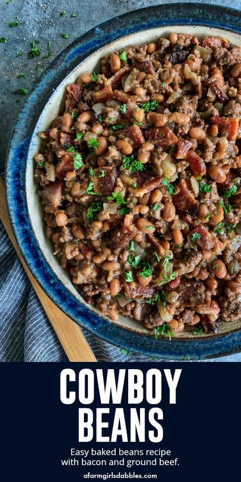 Made with bacon, ground beef, and baked beans, these Easy Cowboy Beans are a hearty and flavorful side dish. They're the perfect accompaniment to anything off the grill and ideal for casual gatherings and potlucks too! Easy Cowboy Beans, Summer Entertaining Recipes, Simple Baked Beans Recipe, Beans Baked, Pool Food, Norway Food, Best Baked Beans, Easy Baked Beans, Beans With Bacon