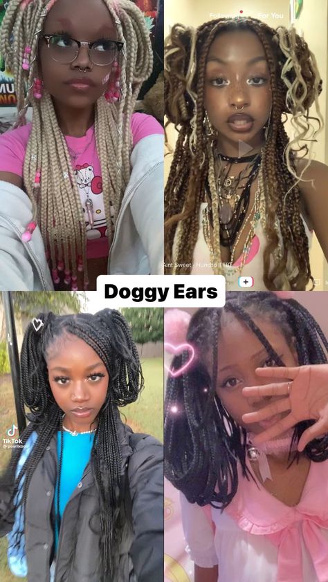 Different Hairstyles To Do With Knotless Braids, Box Braid Style Ideas, Edges For Box Braids, Type Of Braids Hairstyles, Cute Box Braids Hairstyle, Black Hairstyles Names, Y2k Box Braids Hairstyles, Kawaii Braids Hairstyles, Puppy Ears Hairstyle