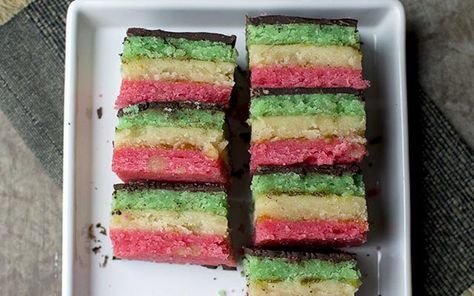 Italian Rainbow Cookie [Vegan] - One Green PlanetOne Green Planet Rainbow Cookies Recipe, Italian Rainbow Cookies, Rainbow Cookie, Dark Chocolate Ganache, Eggless Recipes, Cookies Vegan, Rainbow Cookies, Vegan Italian, Rainbow Food